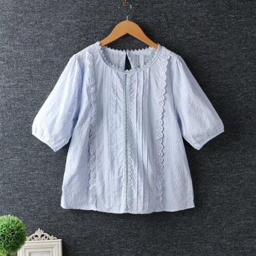 Lamtrip Pleated Lacing Embroidery Cotton Shirt Blouse 2021 Summer