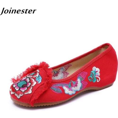 Spring Women Canvas Embroidered Round Toe Loafers Ladies Fringed Edge Ethnic Flats Dress Dancing Shoes for Female Retro Moccasin