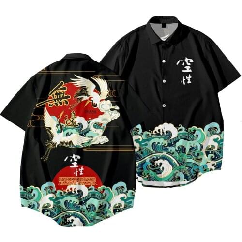 New Summer Lapel Short Sleeve Digital Printing Tide Brand Mens Crane Wave Loose Thin Jacket