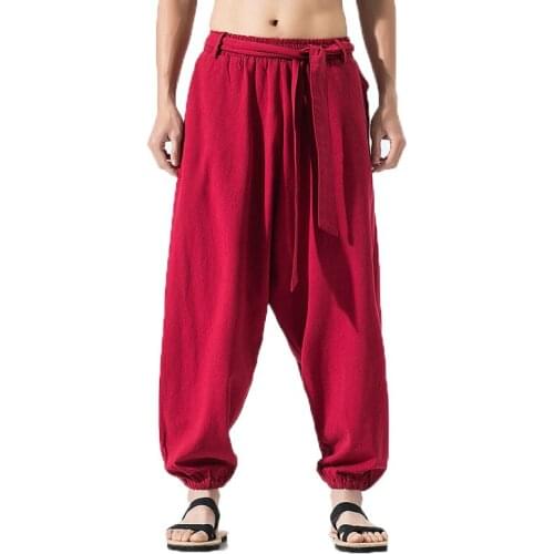2020 Summer Wide Leg Pants Men Cotton Lnen Bloom Pants Mens Red Chinese Kung Fu Harem Pants Male Trousers Pantalon Hombre 5XL