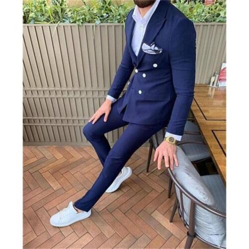Navy Sunshine Men Suits Double Breasted 2 Pieces (Blazer+Pants) Peaked Collar Slim Fit Suits for Wedding Dinner Party Tuxedos