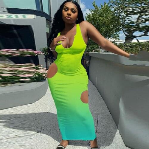 Neon Green Gradient Color Summer Long Party Dress Woman Sleeveless Side Hollow Big Hole Vestidos Casual Ladies Holiday Dresses
