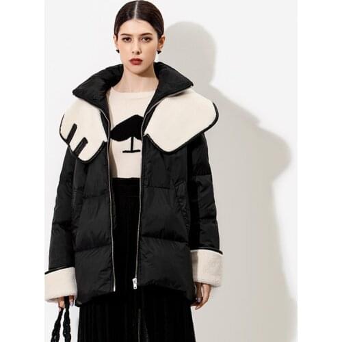 2021 Winter New Fashion White Duck Down Coat Women Puffer Jacket Korean Style Thicken Loose Thin Lamb Hair Splicing Lady Outwear