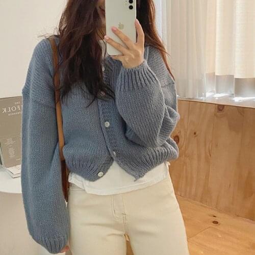 Single Breasted Knitted Sweater Cardigan Women Vintage Candy Color Korean Long Sleeve Autumn Winter Coat V-Neck Loose 2020 X548