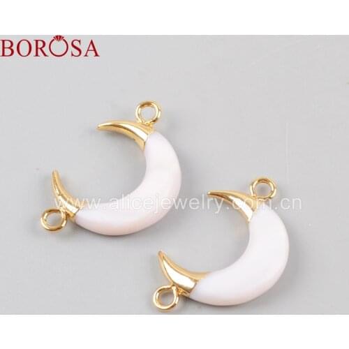 BOROSA Wholesale Natural Moon Shell Pendant Connectors for Jewelry Making Gold Crescent Horn White Shell Double Charms G1670