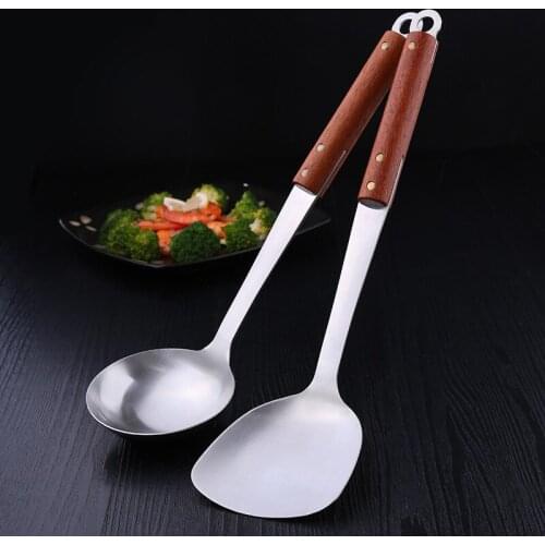 Dinnerware 2pcs/set Wood Handle Soup Truner Cooking Tool Sets Kitchen Utensils Sus 304 Stainless Steel Temperature Resistance