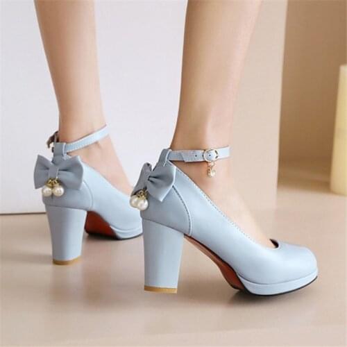 PXELENA Women High Heels Shoes Butterfly-knot Pearls Ankle Strap Party Dress Date Office Lady Pumps Plus Size 34-43 Blue Pink OL
