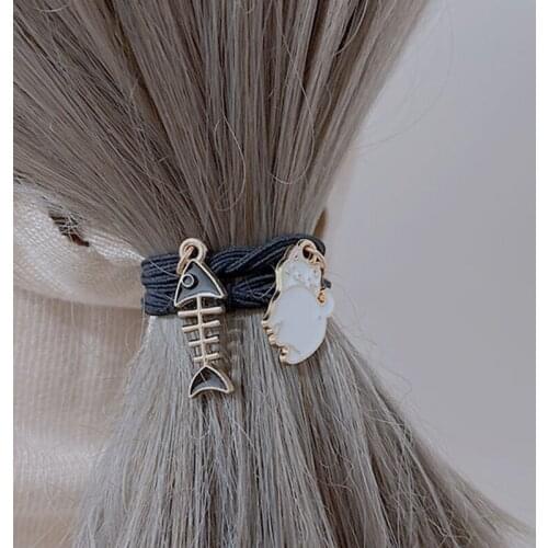 Japanese Simple Cute Metal Cat Fish Bone Pendant Rubber Band Hair Accessories Sweet Girl Children Fashion Ponytail Headwear