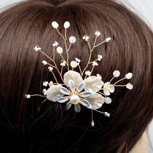 Hand Woven Crystal Flower Hair Stick Temperament Imitation Shell Rice Bead Hairpin U-shaped Clip Women Wedding Hair Accessories
