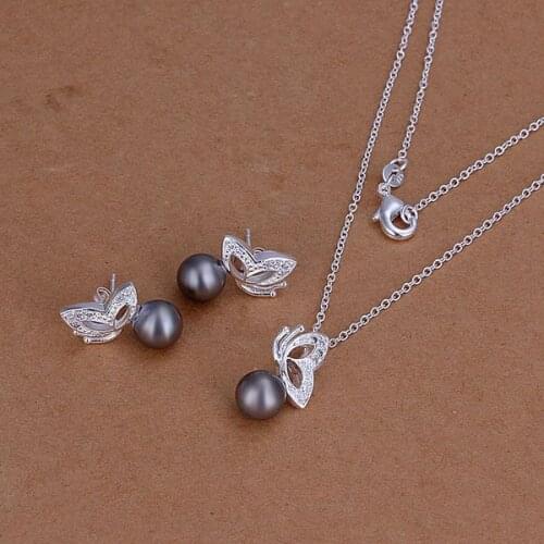 S196 Fine Silver Plated Wholesale Jewelry Sets,Hot Sale Factory Price Charm Free Shipping Fashion Purple Pearl Butterfly