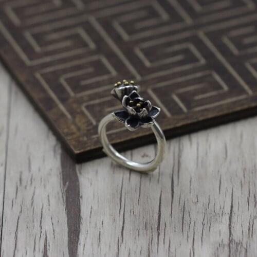 Thai Silver Playing Beautiful Personality Lotus Open Ring Ring Retro Lotus Ring S925 Sterling Silver Jewelry