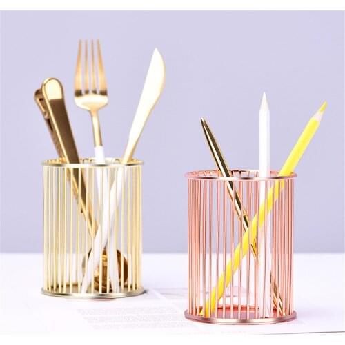 Chic Rose Gold Storage Jar Cosmetic Brushes Organizer Simple Metal Hollow Chopsticks Cage Office Stationery Finishing Pen Holder
