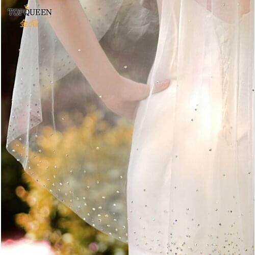 TOPQUEEN V103 Wedding Veil with Rhinestone Edge Womens Short Veil Veu Bride Short with Comb Shiny Veil for Bride Rhinestone