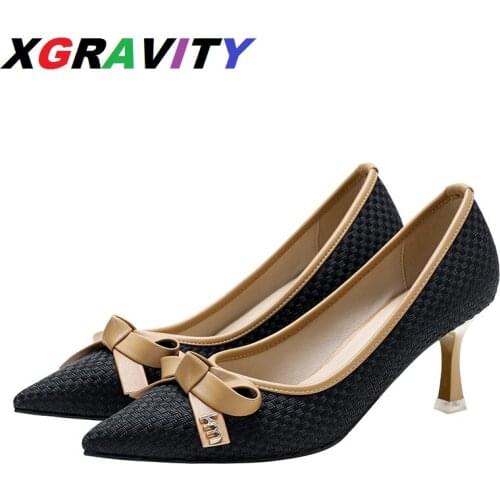 XGRAVITY Top Quality Pointed Toe Thin High Heel Sexy Pumps Elegant Weave Knitted Female Shoes Butterfly Knot Women Shoes Ladies