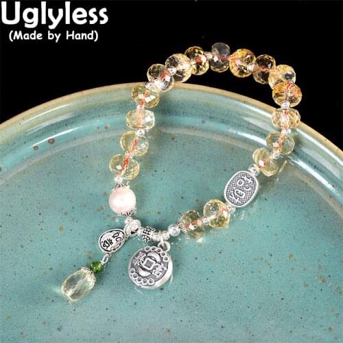 Uglyless Elastic Rope Faceted Yellow Crystals Bracelets for Women Thai Silver Ethnic Bracelets Real 925 Sterling Silver Jewelry