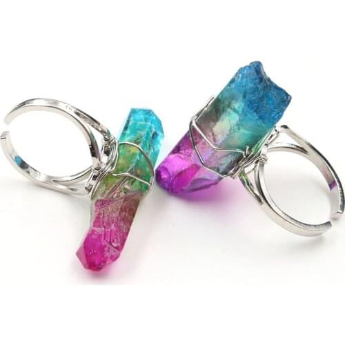 YJXP Silver Plated Resizable Ring Wire Wrap Irregular Dyed Colorful Natural Rock Crystal Hexagonal Column Unique Rings 1 Pcs