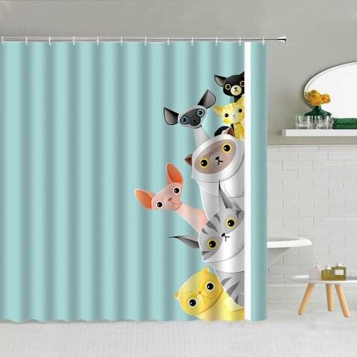 Funny Animals Shower Curtains Cute Pet Cat Dog Pattern Print Bathroom Cloth Curtain Set Waterproof Polyester Home Bathtub Decor