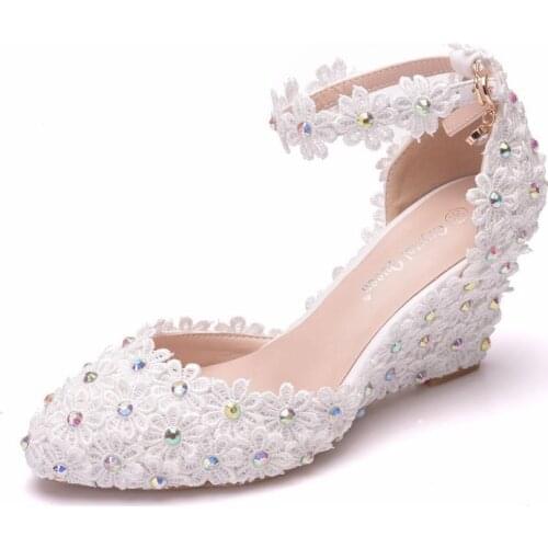 Women sandals wedding Party Lace PU Rhinestones Buckle Strap 7.5CM Wedges High heels Pointed Toe sandal women shoes size 35-42