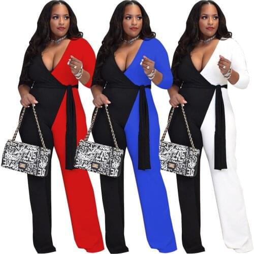 Women Jumpsuit Patchwork V-Neck Three Quarter Sleeve Stretchy Wide Leg Pants Jumpsuits Fashion Casual Outfit Summer 2021