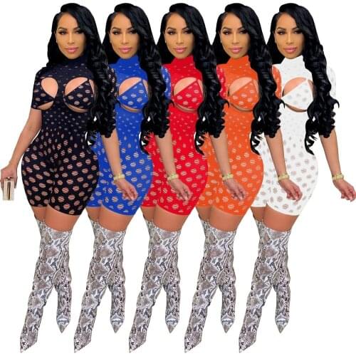 Sexy Bra Fishnet Short Jumpsuit Women Cut out Hole Playsuit Bodysuit Rompers 2 Pieces Sets for Summer 2021 Party Club Outfits