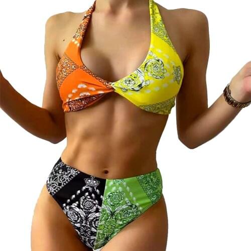 New Print Stitching Womens Swimsuit Split High Waist Bikini European And American Fashion Beachwear Summer Spa Beach Surf Sport