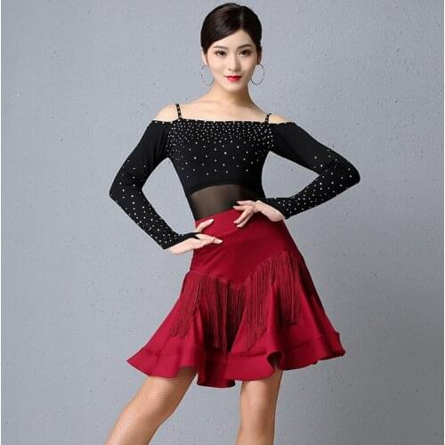 New Latin Dance Practice Clothes Female Sexy Strapless Tops Tassel Fish Bone Skirt Ballroom Samba Rumba Performance Wear DL4913