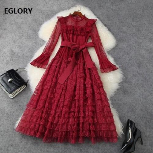 Lace Ball Gown Dress 2021 Spring Summer Party Evening Women Polka Dot Patterns Ruffle Deco Wine Red Black Gown Lace Dress Night