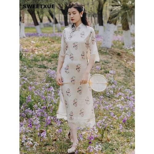 SWEETXUE Retro Chinese Style Improved Version New Cheongsam Dress Lace Stitching Half-sleeved Elegant Womens Clothing