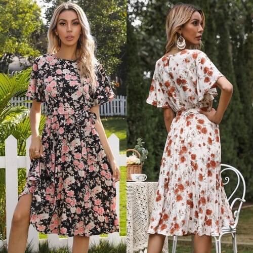 Summer Dress For Women 2021 Spring Print Color Ruffles Sleeve Round Neck With Belt Pleated Womens Dress Elegant Fashion C2607