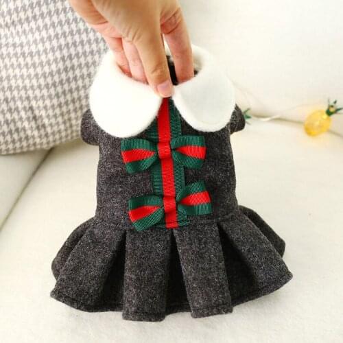 Winter Pet Dog Dress Clothes Puppy Cat Bow-tie Princess Skirt Clothing College Style Woolen Dresses Costumes for Small Dogs Cats