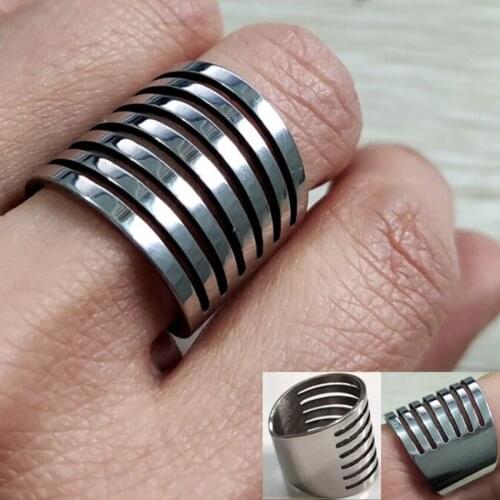20pcs Wide 20mm Hollow 7 Strips Stainless Steel Men Women Unique Punk Rock Trendy Ring Wholesale Jewelry
