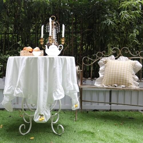White Table Cloth Flounce Skirt Edge with Yellow Cherry Decoration Wedding Home Banquet Table Covers French Retro Home Textile