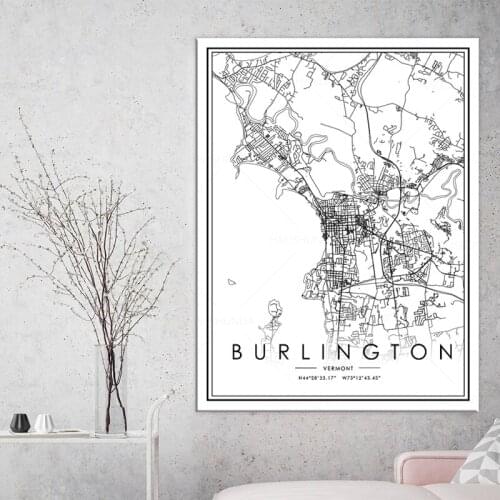 Black and White World City Map BURLINGTON Wall Art Canvas Poster Prints Nordic Style Paintings Picture for Living Room framed