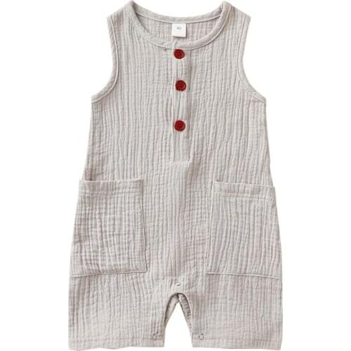 Infant Baby Girls Solid Color Sleeveless Patch Pocket Rompers Kids Boys Casual Jumpsuit Newborn Clothes Hot Sale