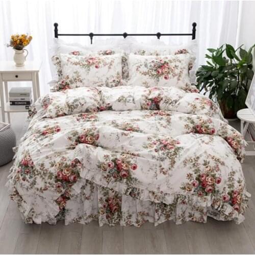 New Garden flower Printed Queen bedding set Ruffle duvet cover bed sheet princess bed linens king size bedding set Pastoral