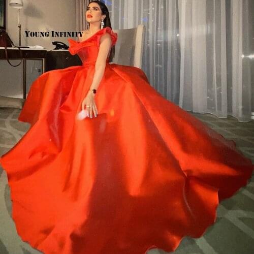 In Fashion Red Long Satin Prom Dress 2020 Elegant One Shoulder A Line Formal Evening Dress Saudi Arabia Style Celebrity Dress