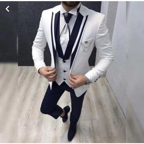 Costume Homme White Mens Suits Navy Blue Lapel Formal Business Blazer Tuxedos Wedding Groom Prom Party Best Man Jacket+Vest+Pant
