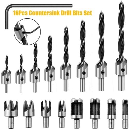 Countersink Drill Bits Set- 16Pcs Counter Sink Bit for Wood High Speed Steel, Woodworking Carpentry Reamer