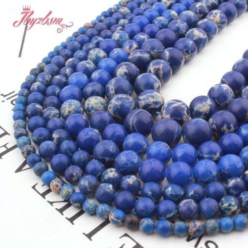 Natural Round Sea Sediment Blue Smooth 6/8/10/12mm Loose Stone Beads For DIY Jewelry Making Necklace Bracelet Strand 15"