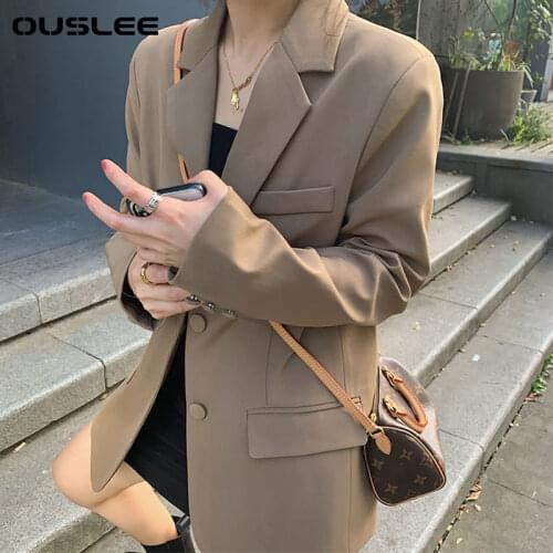 OUSLEE Office Ladies Notched Collar Plaid Women Blazer Double Breasted Autumn Jacket 2021 Casual Pockets Female Suits Coat
