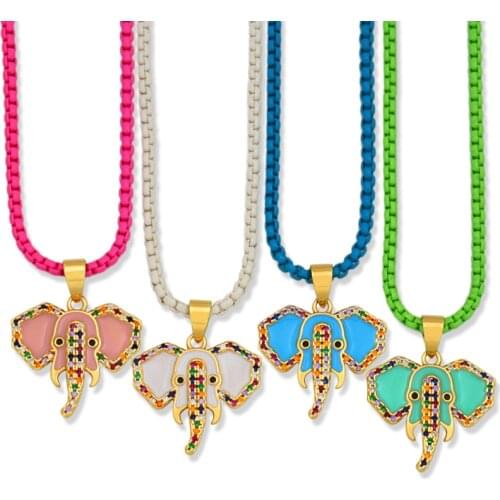 Colorful Elephant Head Pendant Necklace Women Girls Party Gifts Cubic Zirconia Enamel Small Cute Animal Classic Jewelry