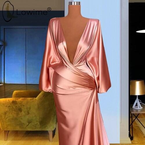 Simple Pink Long Evening Dresses Full Sleeves Sexy Deep V Neck Satin Gowns for Weddings Vestidos 2021 Plus Size Robes