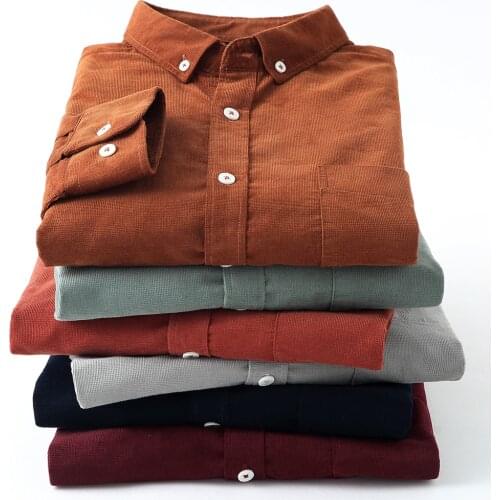 Casual Mens Corduroy Shirt Pure Cotton Long Sleeve Brown Thick Winter XXL Regular Fit New Model Male Button Down Shirts
