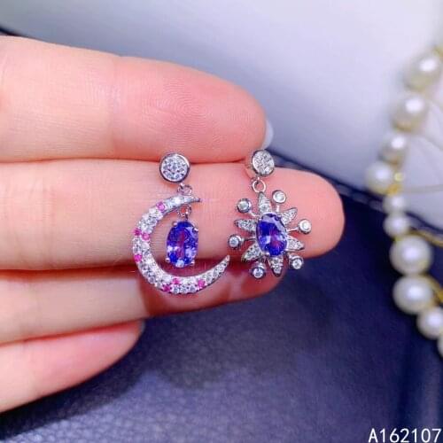 Fine Jewelry 925 Sterling Silver Inset With Natural Gem Female Luxury Trendy Star Moon Tanzanite Asymmetrical Ear Stud Earring S