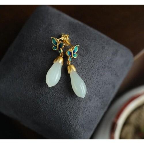 Magnolia Eardrops Fairy Mori Style Super Fairy Hetian Jade Earrings Womens Autumn and Winter Butterfly Earrings Womens Sterlin
