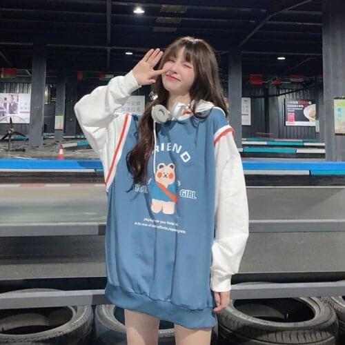 Fake Two-Piece Hooded Sweatshirt Sweater Women 2021 New Pure Cotton Harajuku Style Casual Loose Cartoon Bear Letter Printing Top