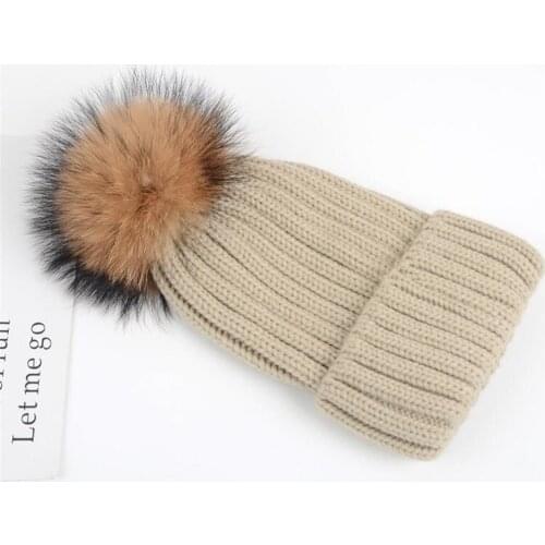 Women and Matching kids Solid Beanie with Large Real Fur Pompom Adult Knitted Warm Winter Hat Female Girls Ribbed Hats