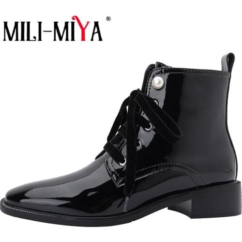 MILI-MIYA Designer Autumn Winter Women Patent Leather Ankle Boots Fashion Square Toe Lace Up Thick Heels Pearl Zipper Party Shoe