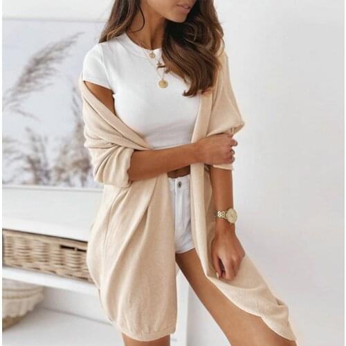 Womens Autumn And Winter Coats Solid Color Mid-length Lazy Cardigan Coat Women Sweater Thin Early Autumn Women Tops