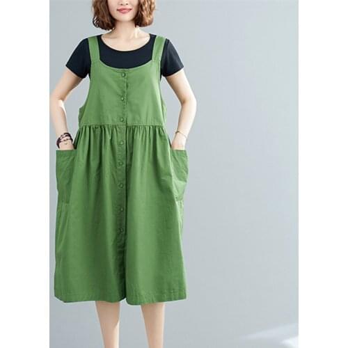 Uego Korea Design Preppy Style strap dress Cotton Linen Button Sleeveless Loose Summer Dress Women Holiday Casual Dress